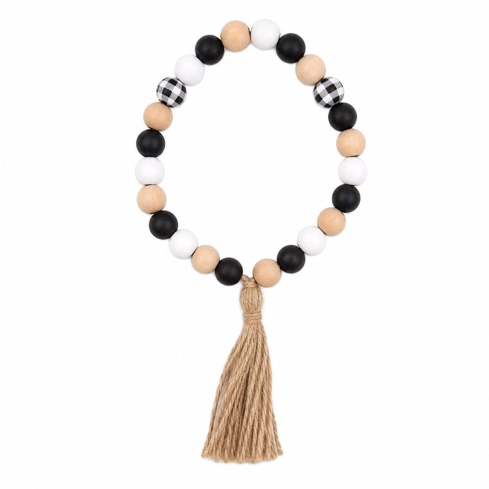 String of Multicolor Plaid Wood Beads w/ Tassel Tabletop Decor Doorknob Hanger